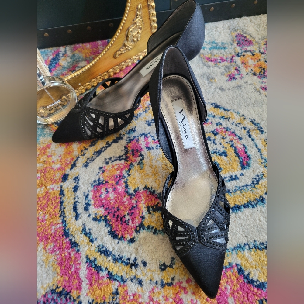 Nina Black Satin d'Orsay Heels with Rhinestone Detailing - Picture 2 of 12
